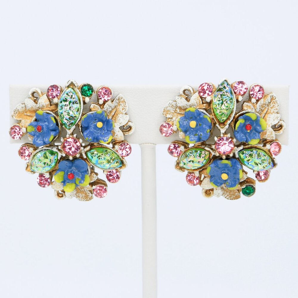 Rare Vintage Florenza Floral Art Glass‎ Antiqued French Clip-On Earrings 1960s